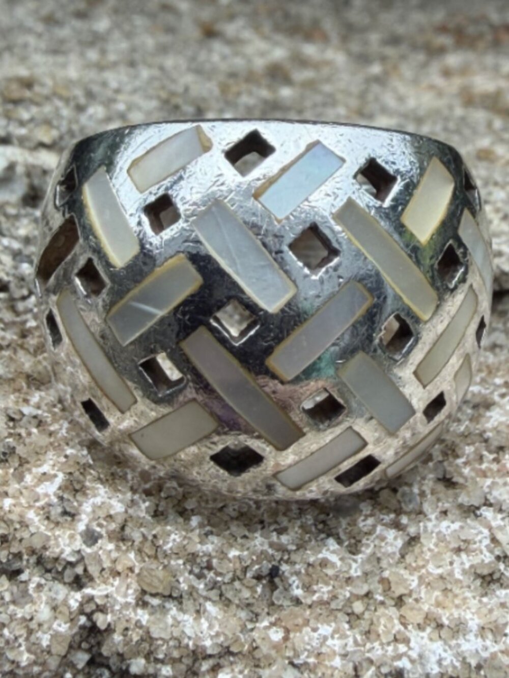 Sterling Silver Mother of Pearl Inlay Basketweave Dome Ring 7 Mosaic Band 925